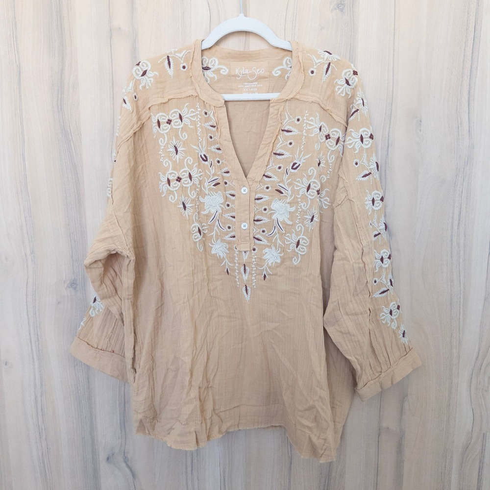 Kyla Seo Floral Embroidered Blouse XXL Bamboo Yellow Joan Boho Hippie Peasant